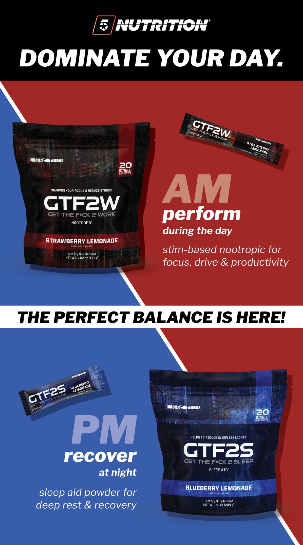 GTF2 AM/PM Performance Stack by 5 Star Nutrition — two supplement tubs, GTF2W and GTF2S
